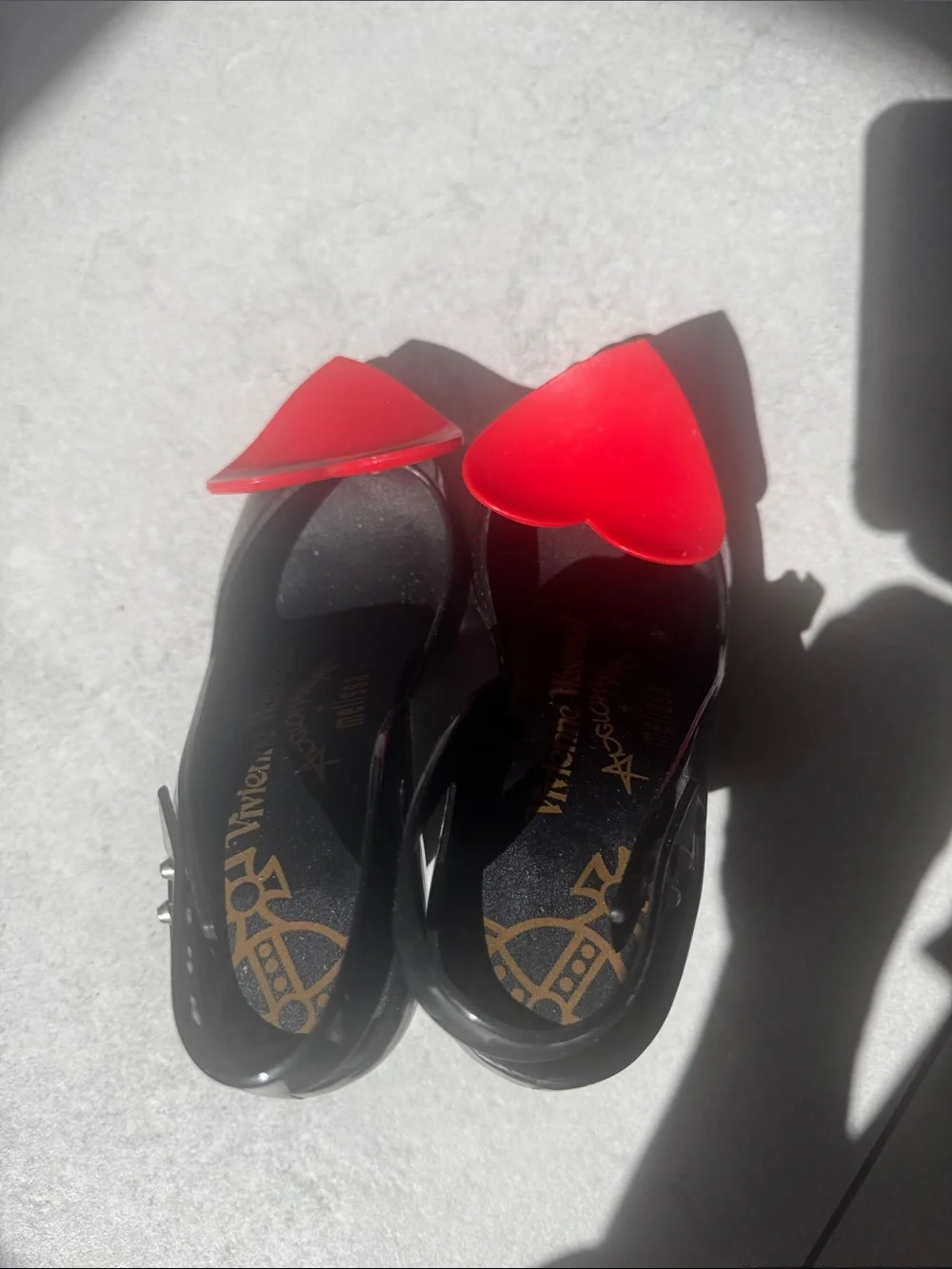 Vivienne Westwood Black Slingback Peep-Toe Flats with Red Heart see pictures
